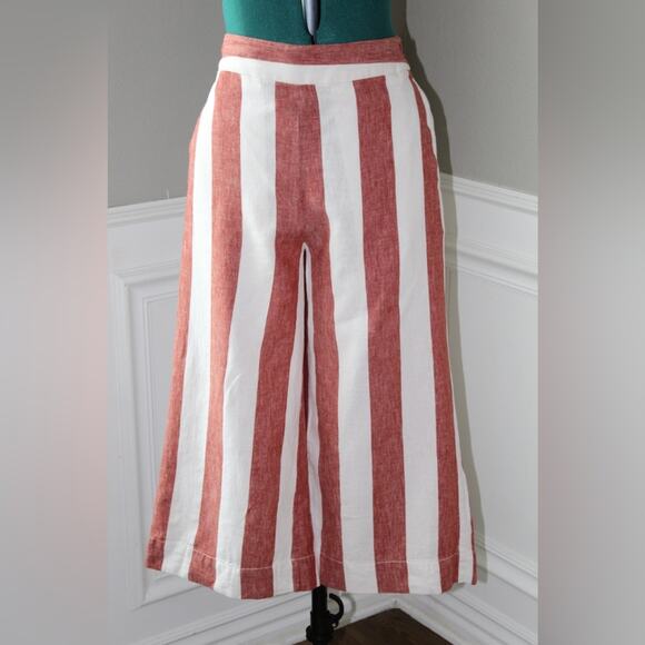 Madewell Huston Wide Leg Linen Crop Pants Red White Stripe Linen Pull-On Small - Picture 4 of 9